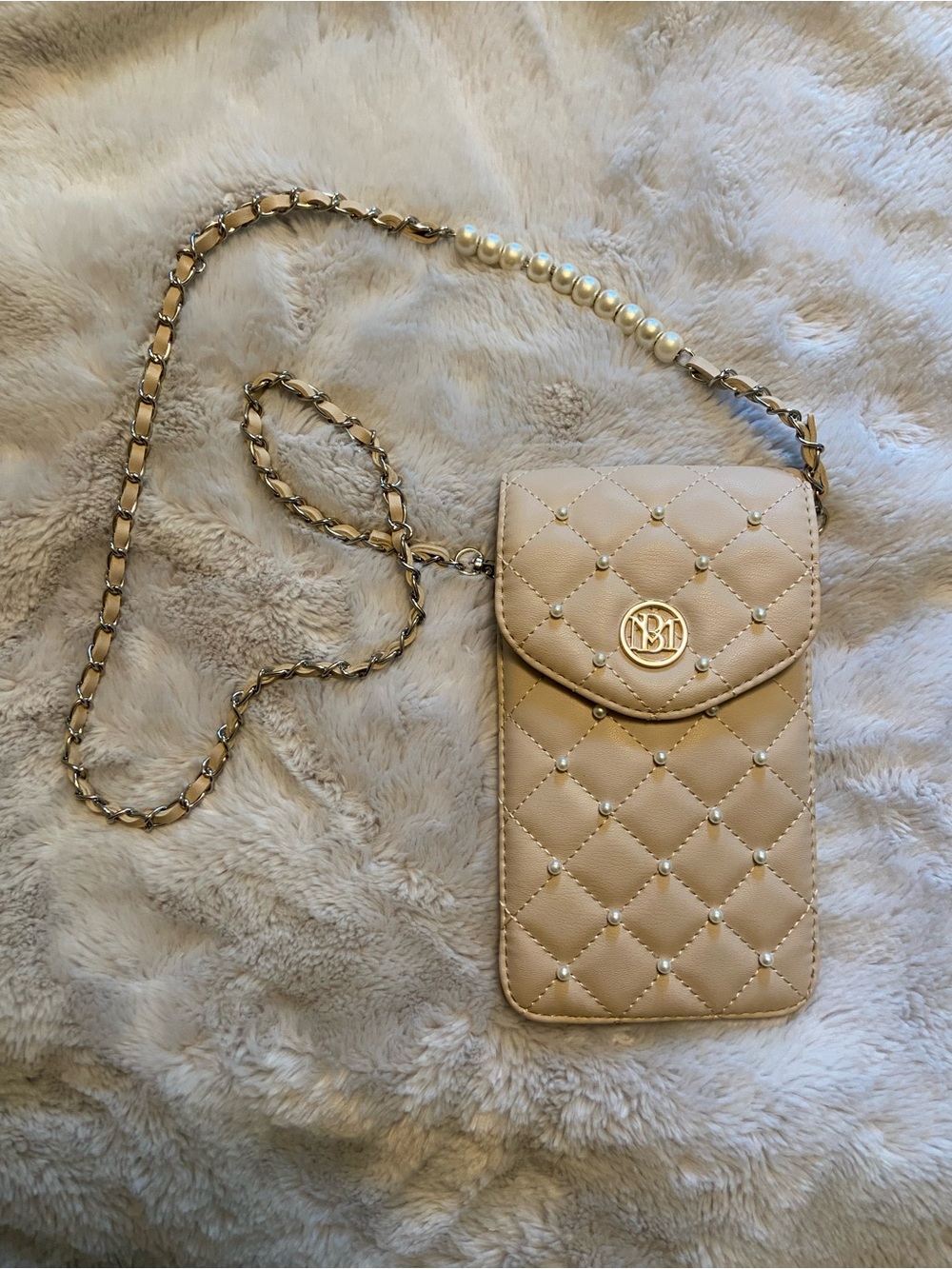 Studio Badgley Mischka Quilted Pearl Accent Crossbody Phone Bag - Beige
